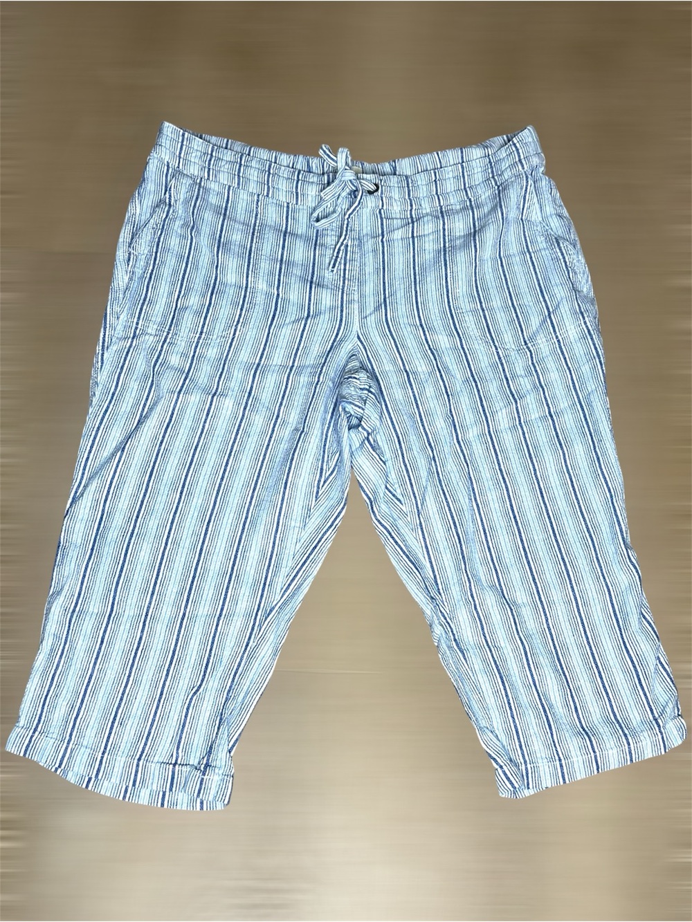 Per Se, White & Blue Thin Striped Cropped Linen Blend Capri Pants, Women’s XL